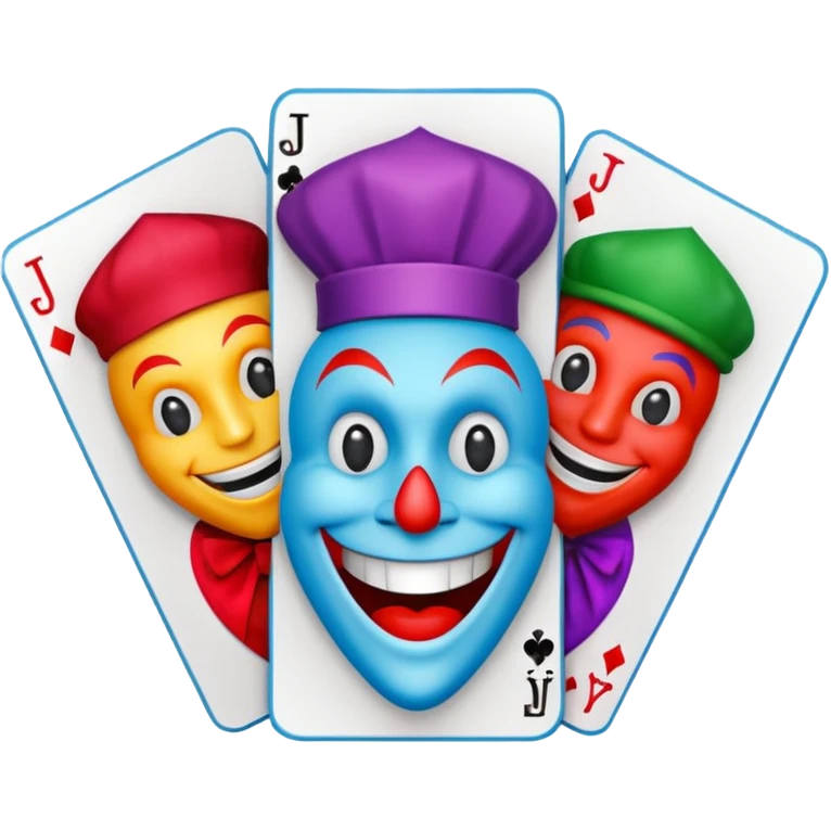 bunch of 3 poker cards, with crazy colorful human jolly jokers inside, inversed face emoji