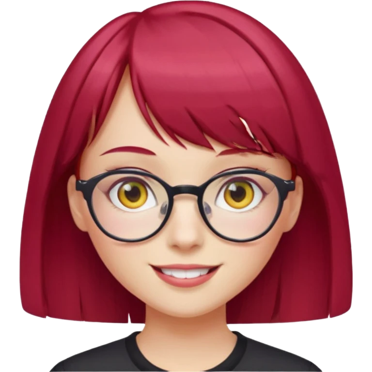 Menina com cabelos vermelho Cherry, liso com franja,olho direito rosa e olho esquerdo amarelo,pele clara e com oculos  emoji