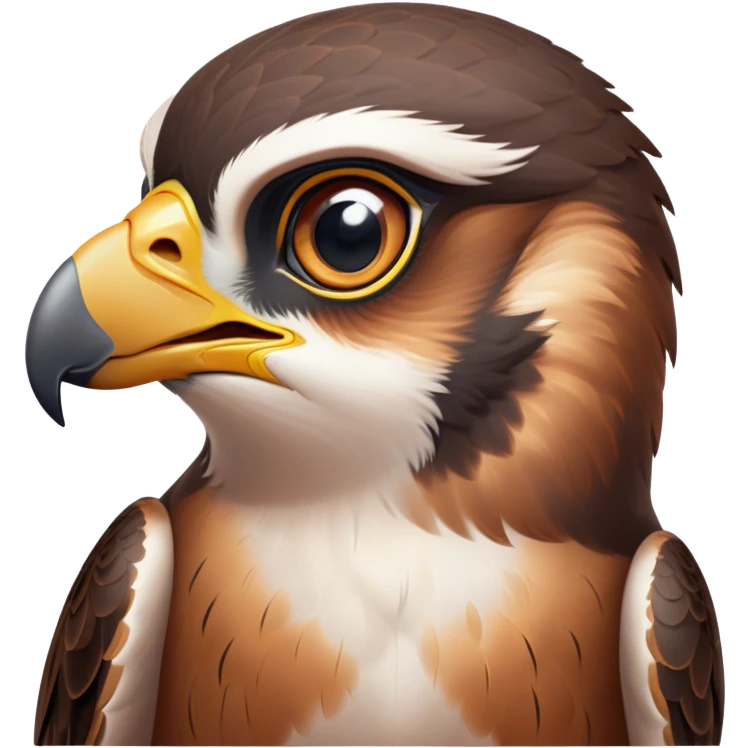 Cinematic Cute Falcon Portrait Emoji, Head tilted playfully and inquisitively, featuring a sleek, agile form with a delicately curved beak and round, sparkling eyes full of spirited charm, Simplified yet irresistibly adorable features, highly detailed, glowing with a warm, inviting glow, high shine, affectionate and lively, stylized with a touch of whimsical aerial grace, soft glowing outline, capturing the essence of a mischievous yet endearing falcon that seems as if it could dart out of the screen into your heart! emoji