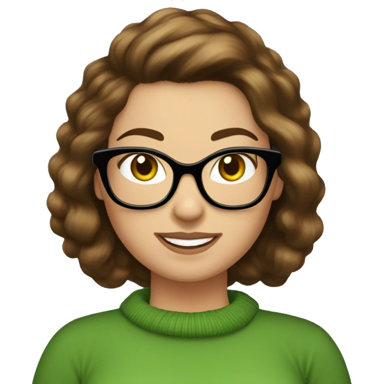 wavey brunet hair, Caucasian woman, fat, cat eye glasses, smiling, wearing a green sweater, transparent background emoji