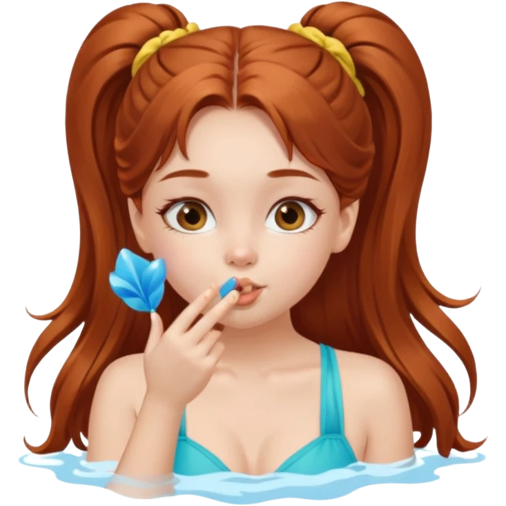 A cute ukrainian girl, with long auburn hair two side ponytails, in a bathing costume, she's blowing a kiss. emoji
