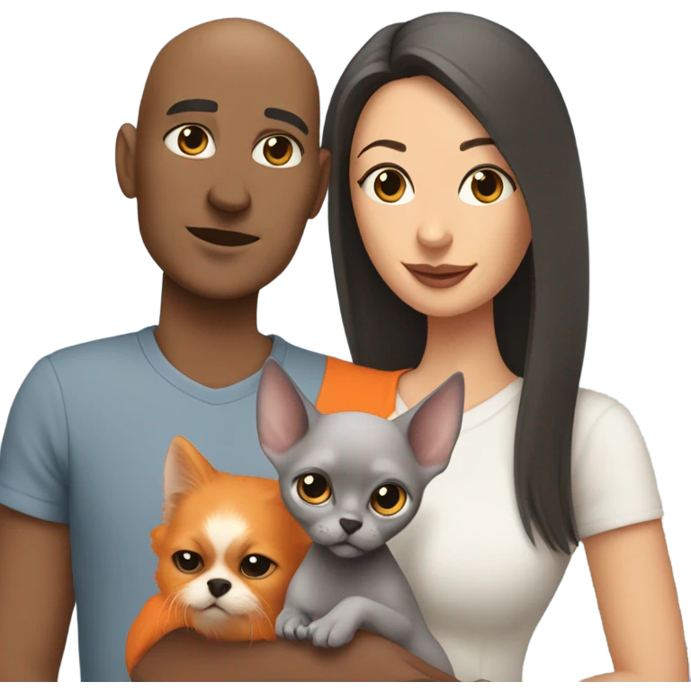 Bald man is holding a small grey sphinx cat and a woman with dark straight hair is holding a orange Pomeranian dog emoji
