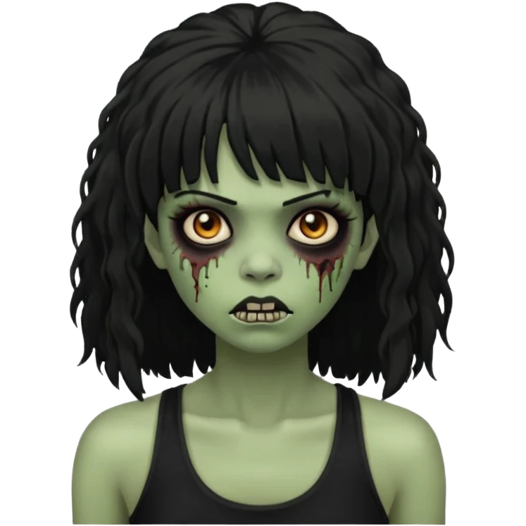a female zombie with sage green skin, black long afro hair with bangs, and a black tank top  emoji