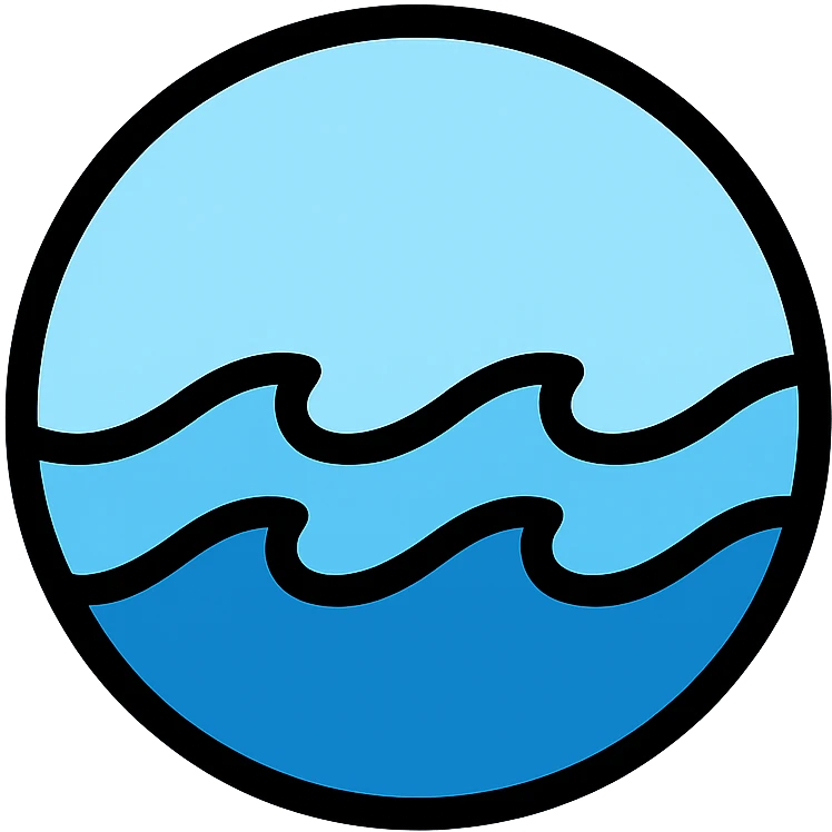 circular ocean icon with medium black border, no frame, white background, simple, clean, recognizable, Little Alchemy style, color outline icon emoji