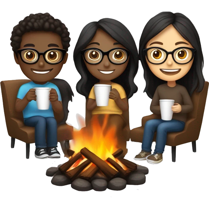 Three friends, one darker skin black hair with glasses (black framed) , one brown hair light skin  with glasses (clear frame), one dark brown hair light skin, make them all hold different kinds of coffee, sitting by the fire, smiling and talking emoji