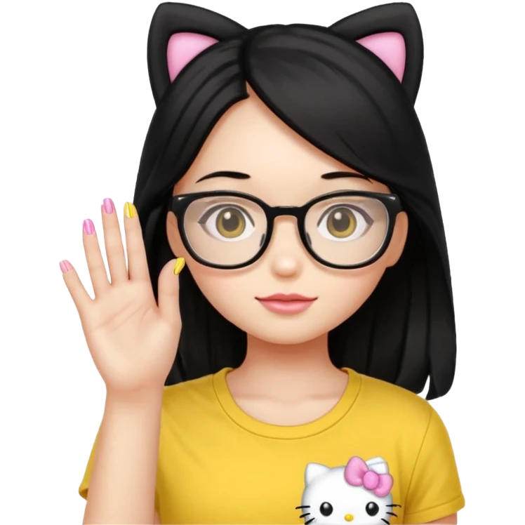 Nails cute with hello kitty wear glasses black long  hair wear, yellow shirt emoji