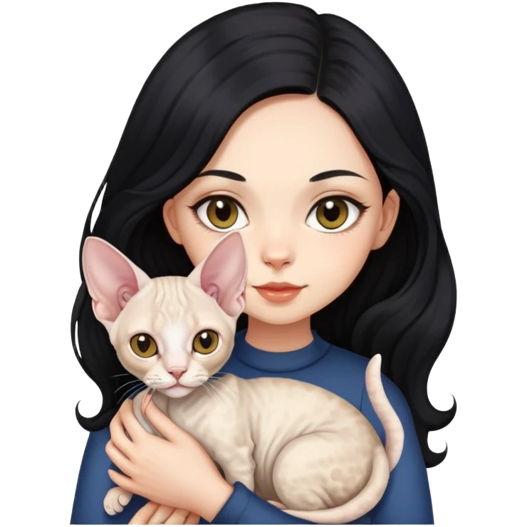 A girl with long black hair holding a Devon cat emoji