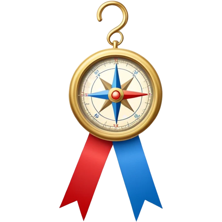 iOS compass with gold trim and blue and red direction markers hanging from a white ribbon emoji