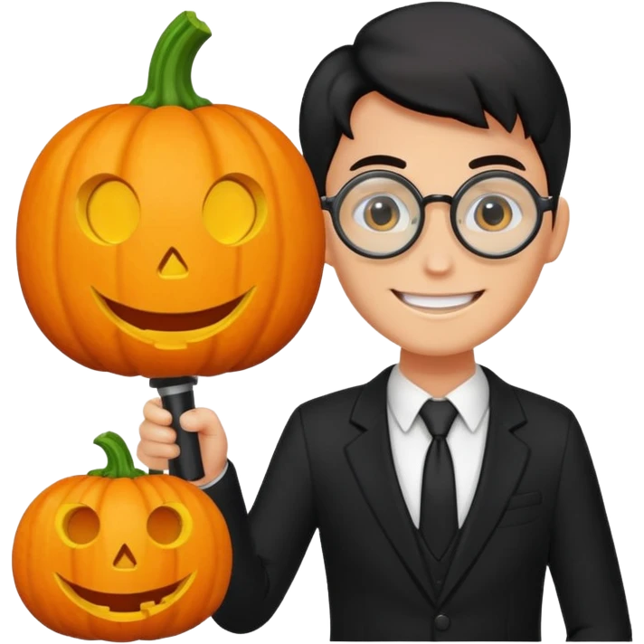 A pumpkin smiling at a magnifying glass (the magnifying glass has a suit thats black, the magnifying glass also has one eye in the middle turn the magnifying glass into a living person give the magnifying glass Normal looking eyes and give it actual arms and legs  emoji