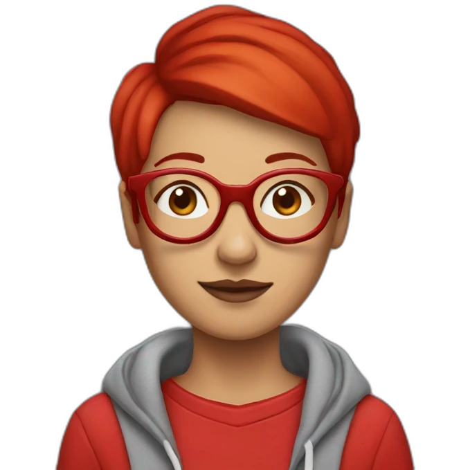 woman with red pixie cut wearing a red hoody and big red glasses emoji