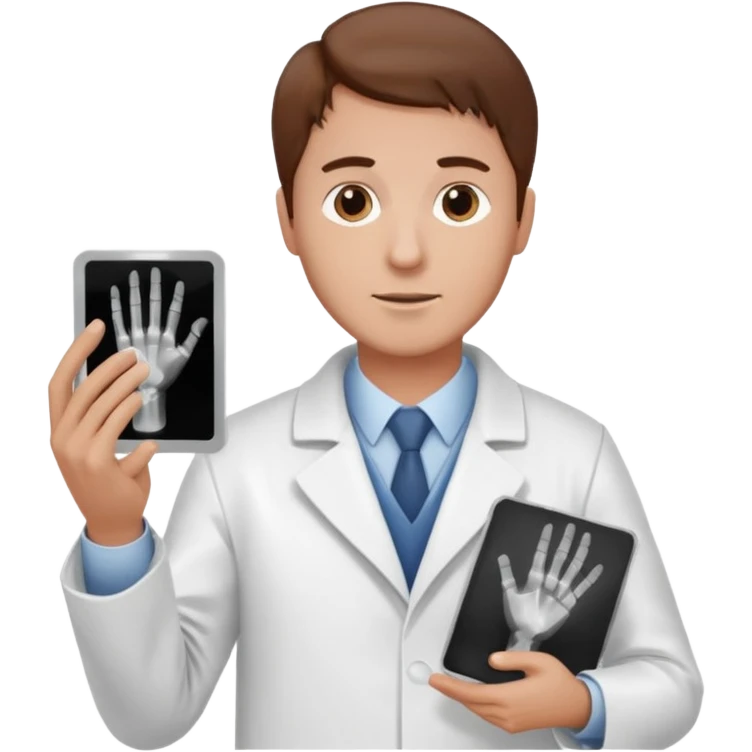 Radiografía de mano sostenida por un hombre con bata blanca  piel clara cabello café emoji