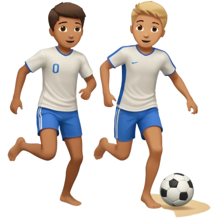 Two boys playing soccer at the beach no shirts. emoji