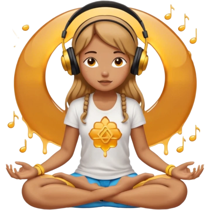 A girl is sitting cross-legged in a meditation pose, wearing headphones and listening to music. The song is so good that honey is dripping from her ears, and her expression is completely dazed because she’s enjoying the music so much. Like this girl 🧘🏻‍♀️ emoji