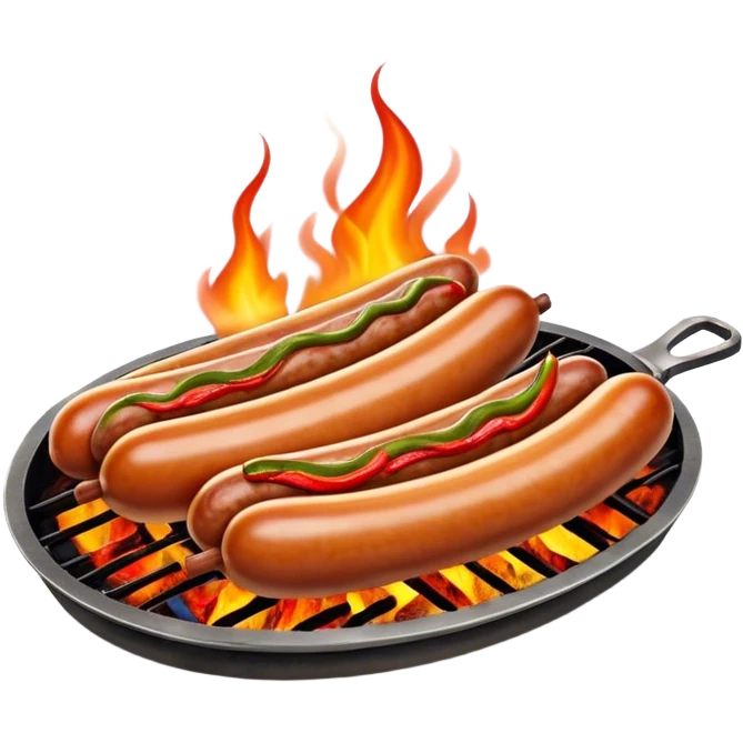 Cinematic Realistic Sausage Sizzle Dish Emoji, featuring sizzling sausages cooking over an open flame rendered with dynamic textures and warm, smoky lighting. emoji
