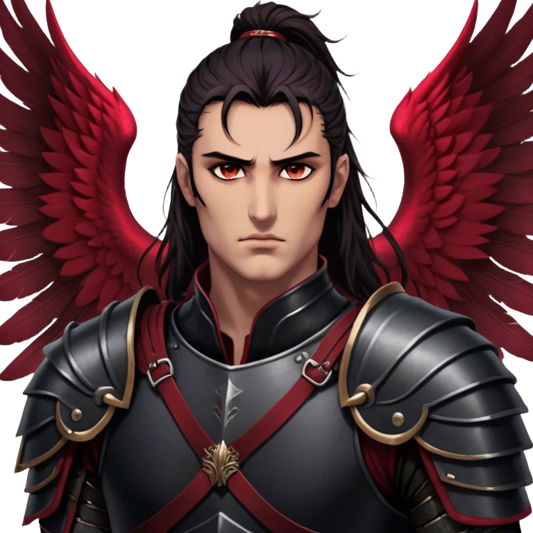 A towering Illyrian warrior with long, dark hair tied loosely at the nape of his neck, his hazel eyes flickering with battle-hardened resolve and mischief. His powerful frame is clad in black leather armor with deep crimson accents, fitted perfectly to his broad shoulders. His massive Illyrian wings stretch behind him, their leathery surface marked by scars of countless battles. A wicked grin plays on his lips, revealing the roguish charm beneath the warrior's exterior. emoji
