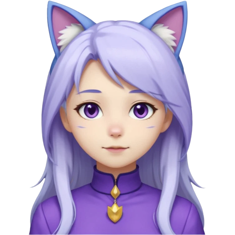 female anime character with long white hair and periwinkle highlights and cat ears on her head. She is wearing a purple outfit with a high neckline and long sleeves.  emoji