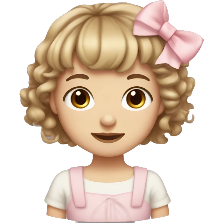 cute girl with light skin, blue eyes, short wavy light brown hair with bangs, light pink bow in hair on the side emoji