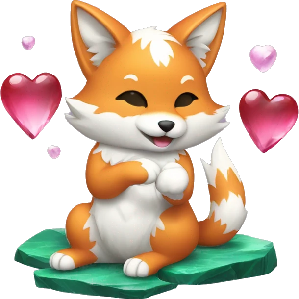 A Kitsune playing with 3 hearts. One Malachite, One Amethyst and One Pearl emoji