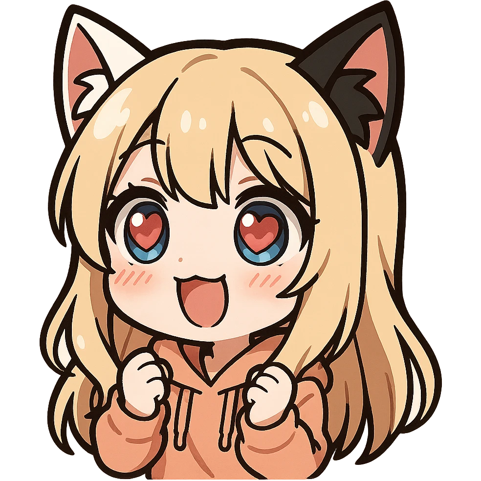 chibi anime catgirl with one white cat ear and one black cat ear, longer blonde hair, blue eyes, white skin, peach colored hoodie, cute, heart eyes expression, twitch emote style, no background emoji
