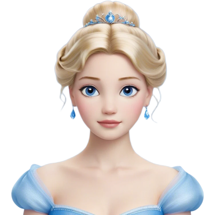 Cinematic Realistic Cinderella Portrait, depicted with lifelike skin texture, subtle rosy undertones, and soft natural lighting that enhances the gentle contours of her face. Her intricately detailed golden blonde hair is elegantly styled in an updo, with delicate wisps framing her face for added realism. Her deep, expressive blue eyes radiate warmth and sincerity, reflecting a quiet resilience and grace. She is dressed in her iconic ball gown, the fabric shimmering with intricate embroidery and fine translucent layers that catch the light beautifully. The soft sheen of satin gloves and the delicate sparkle of a glass-like slipper peeking from beneath her dress add a touch of magical realism. The portrait features an enchanting glow with a natural, luminous finish, seamlessly blending realism and fairytale charm to evoke a sense of depth, elegance, and timeless beauty. emoji