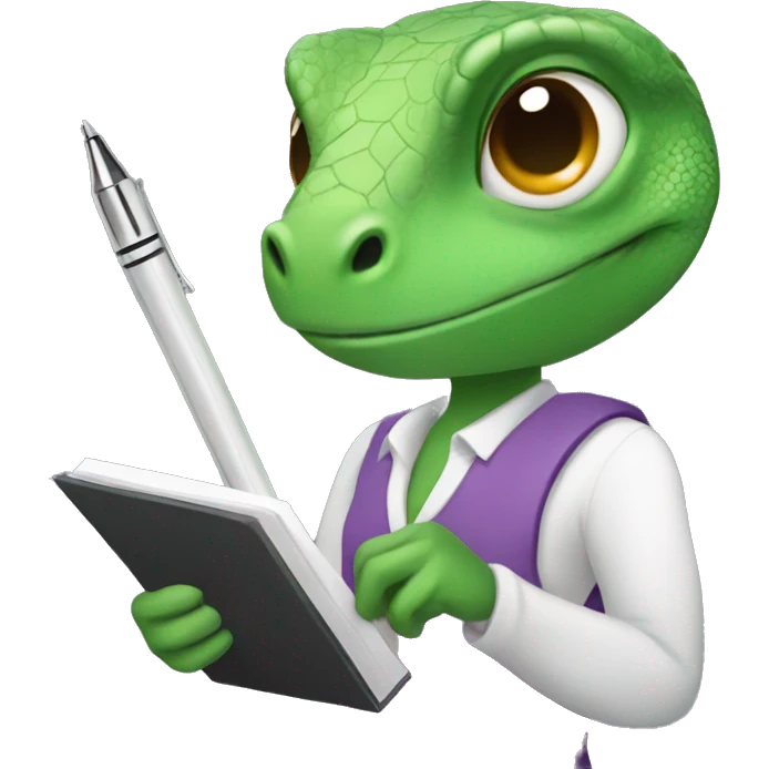 female lizard holding a pen and notepad emoji