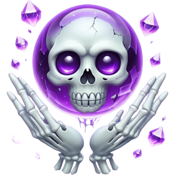A Discord emoji of a floating, cracked purple crystal orb held by skeletal fingers. Void magic theme, vibrant glow, sharp detail, white background. emoji