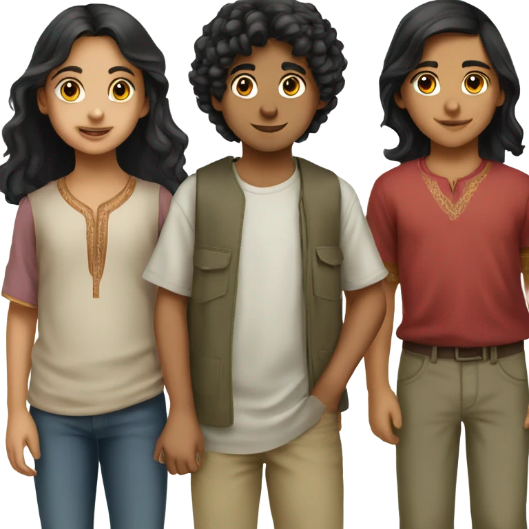 3 middle eastern children standing together. give them black hair and olive skin. Make them around 13 years old emoji