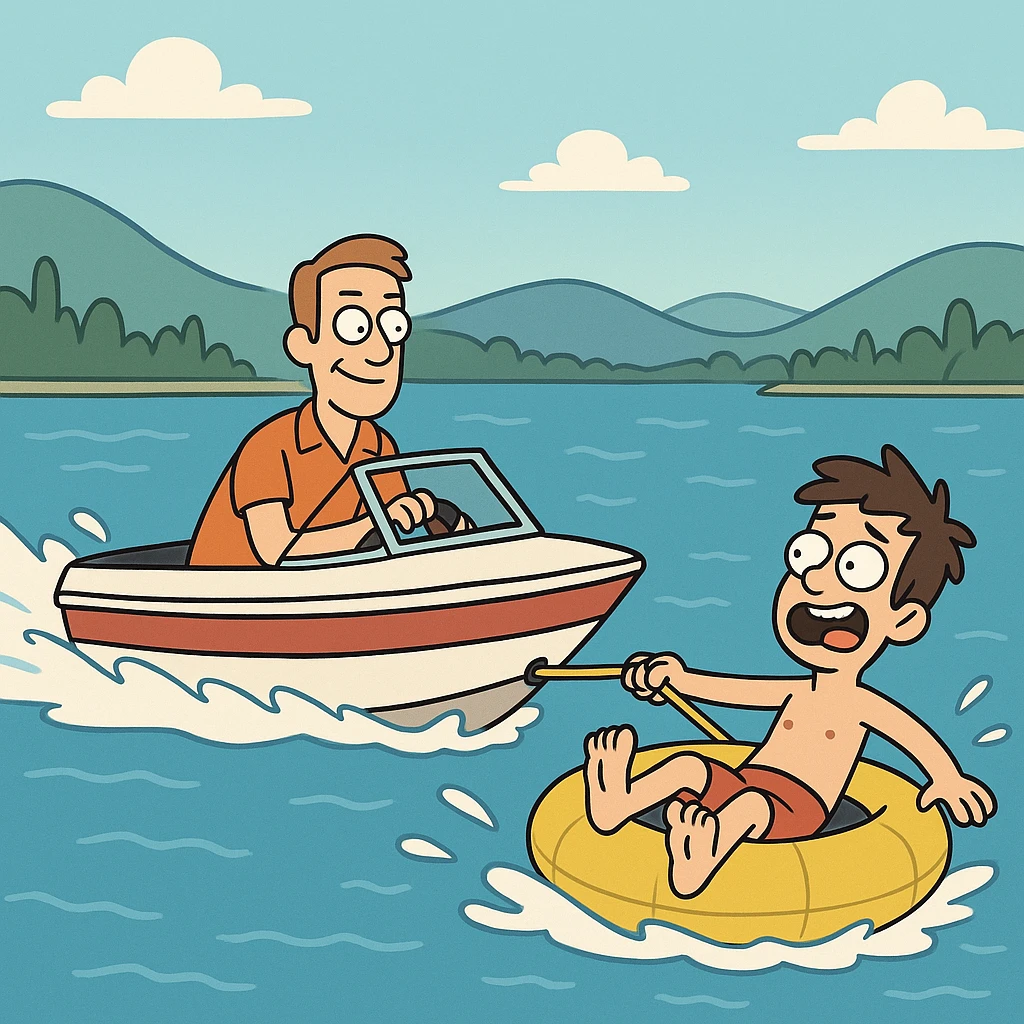 a speedboat towing a person on an inner tube across a blue lake, cartoon style emoji