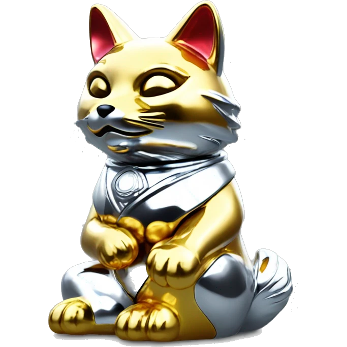 fully chrome fox statue in the form of maneki neko emoji