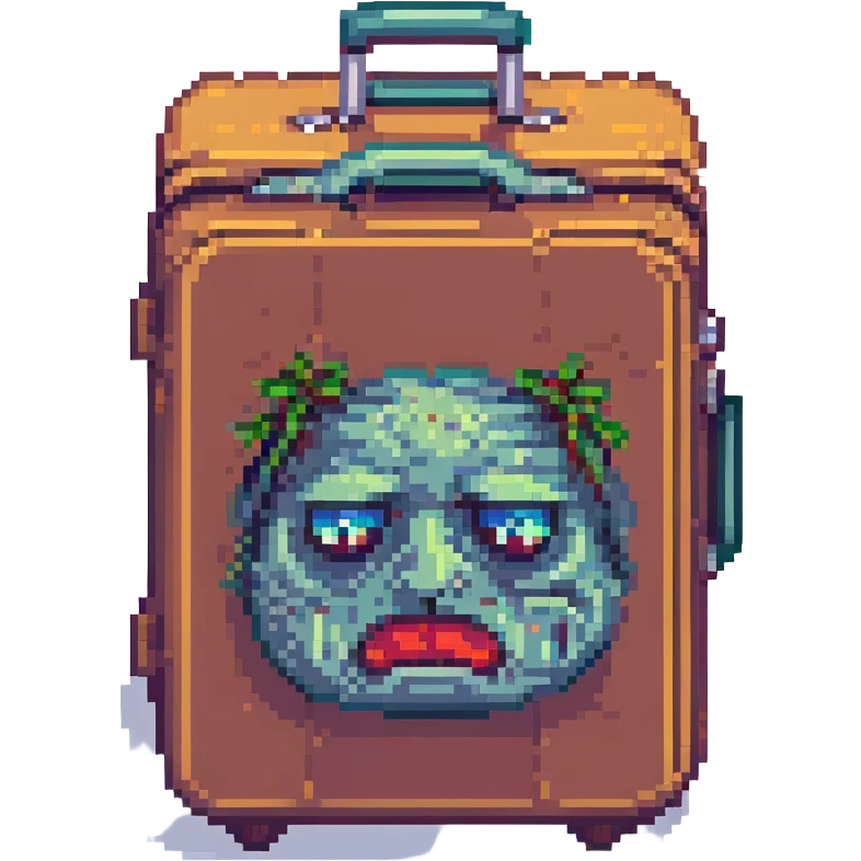 a pixel art style travel suitcase with a grumpy face, looking heavy and hard to carry emoji