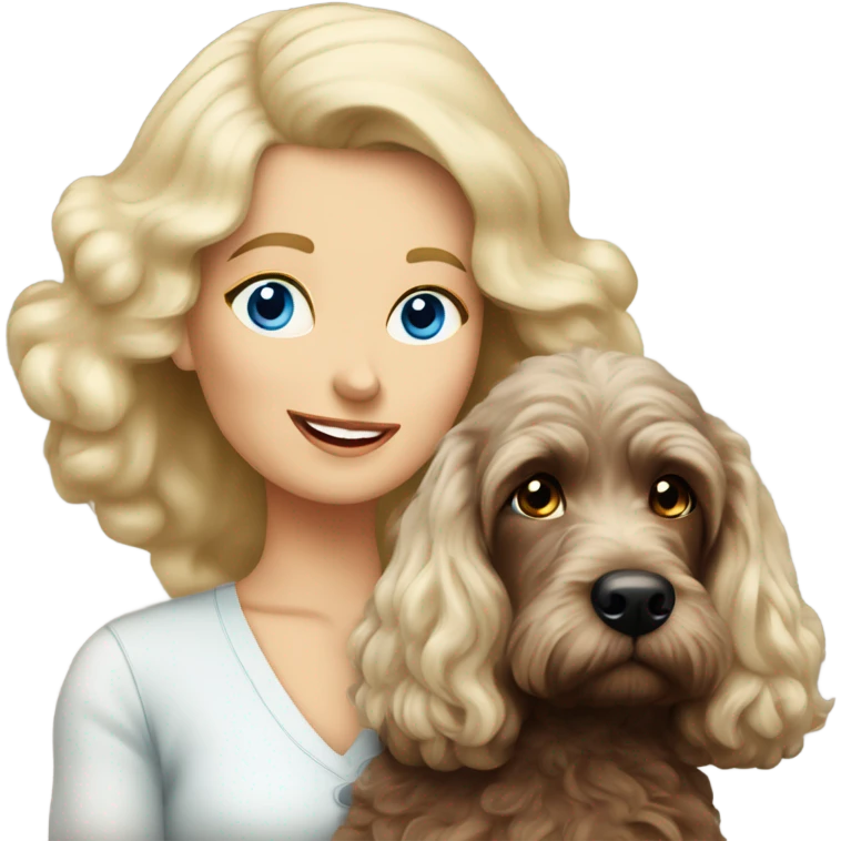 blue eyed very old long haired blonde lady with dark brown Cockapoo puppy dog emoji