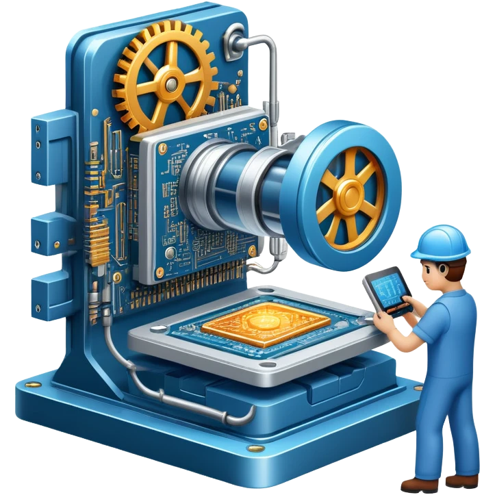An icon featuring a giant machine soldering a huge microchip, symbolizing engineering. The design includes mechanical gears, circuit boards, and a blueprint, representing the precision and innovation in designing and building technology. Transparent background highlights the art of engineering emoji