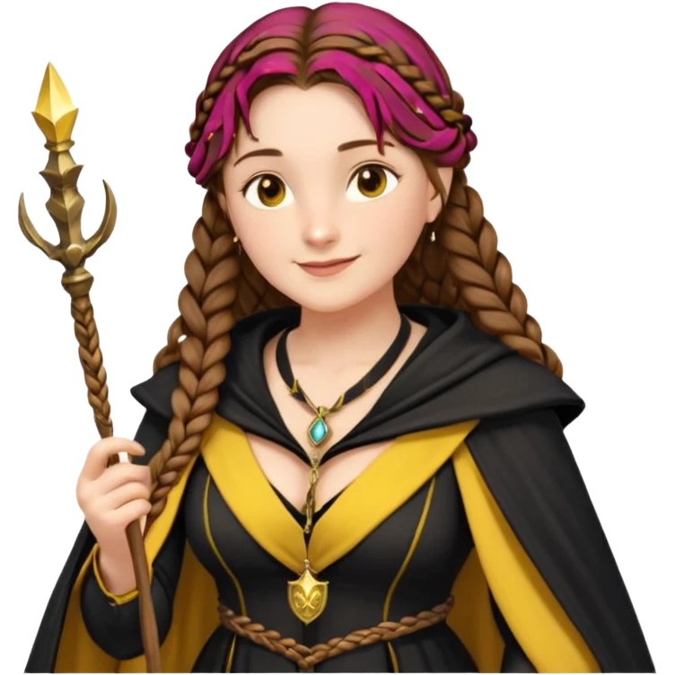 Helga Hufflepuff, brown-haired, 2 long brown braids, yellow-black medieval dress, deep neckline, black cloak decorated with gold braiding, small magic wand made of wood, tiny two-handled shiny yellow-gold cup, very kind smile, curvy busty sweet woman, macromastia, thick round rosy cheeks emoji