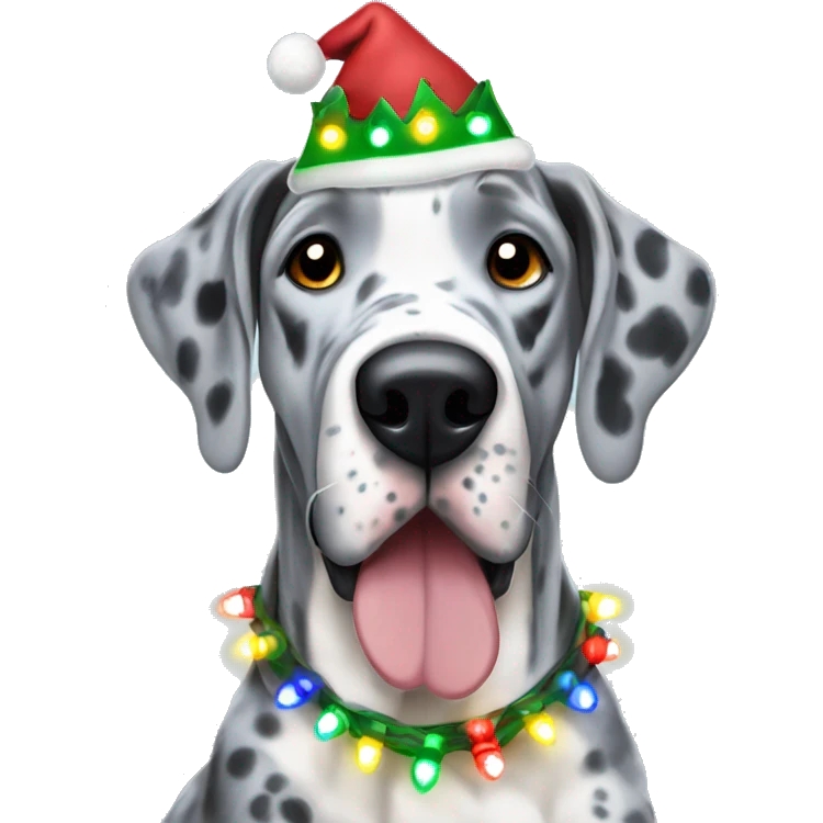 Blue Merle Great dane wearing Christmas lights emoji