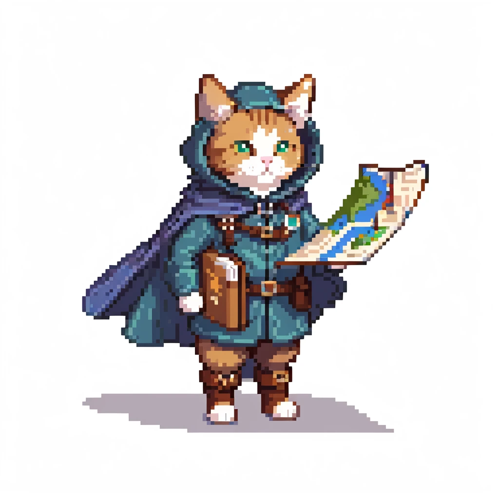 Cat explorer holding map, mountain landscape with stars, wearing explorer gear with cloak blowing in wind, gazing at horizon emoji