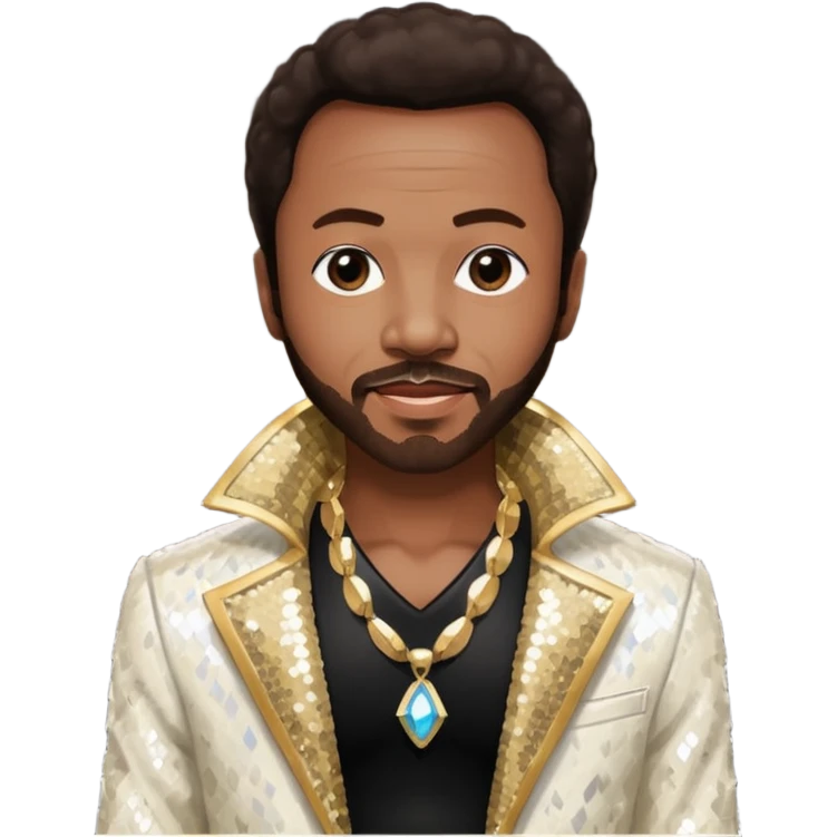 Maurice White from Earth Wind and Fire with dark brown hair, ivory sequin jacket, shirtless with necklace  emoji