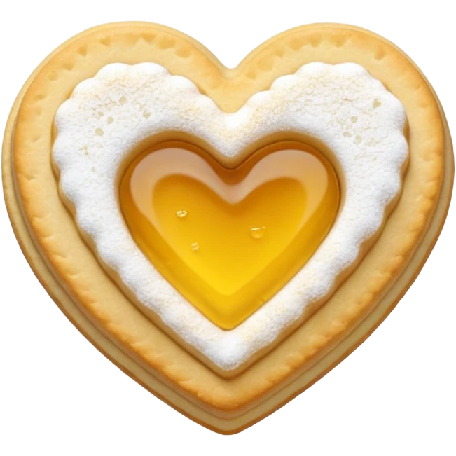 Realistic shortbread cookie in the shape of a heart with color of lemon jelly middle filling and sprinkled powder sugar on top. emoji