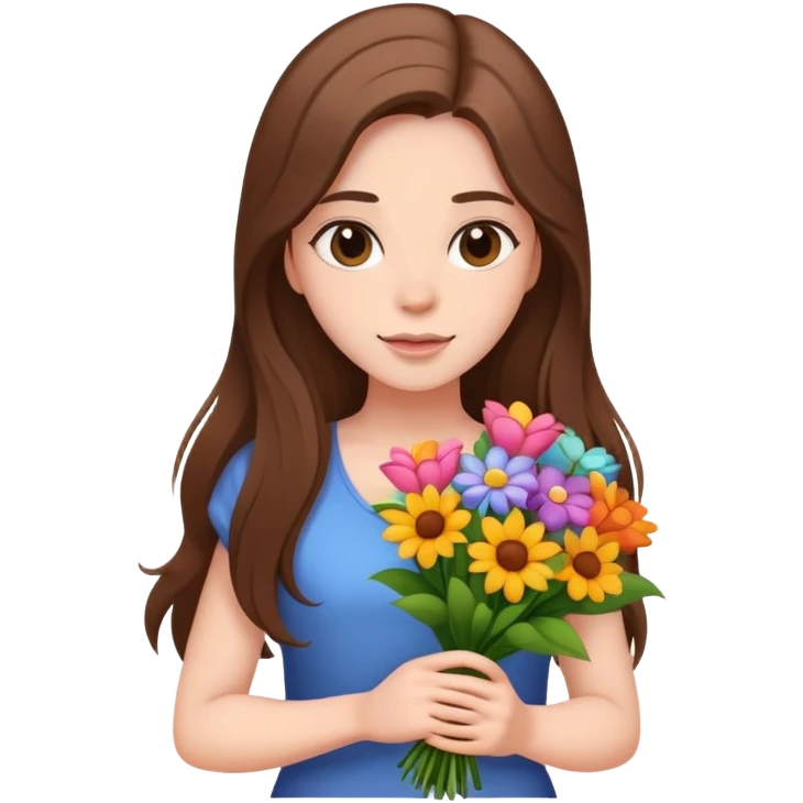 cool girl with long brown hair and fair skin tilting her head to the side while holding a bouquet of flowers emoji