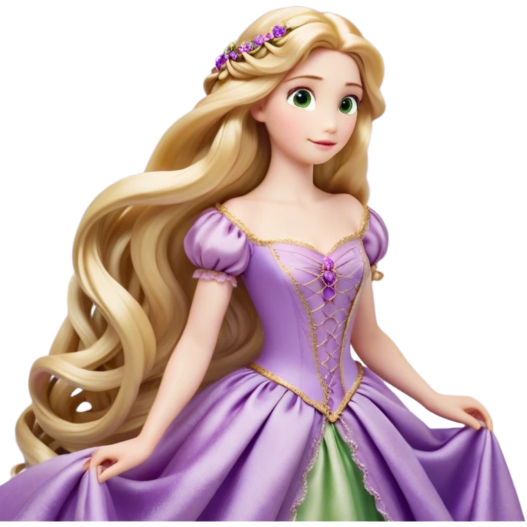 Cinematic Realistic Rapunzel Portrait, with porcelain-like skin featuring a subtle, natural glow, illuminated by soft lighting that brings out the gentle contours of her face. Her long, golden blonde hair cascades in detailed waves, each strand highlighted with a radiant shimmer as it catches the light. Her bright, expressive green eyes exude curiosity and warmth, framed by delicate lashes and soft, arched brows. Her expression is playful and vibrant, with a gentle smile. She is dressed in her classic lavender and pink gown, the fabric textured with delicate folds that flow naturally, catching the light with a soft, radiant glow. The portrait captures a luminous, enchanting aura, seamlessly blending realism with a whimsical, fairytale charm, evoking a timeless sense of beauty and magic. emoji