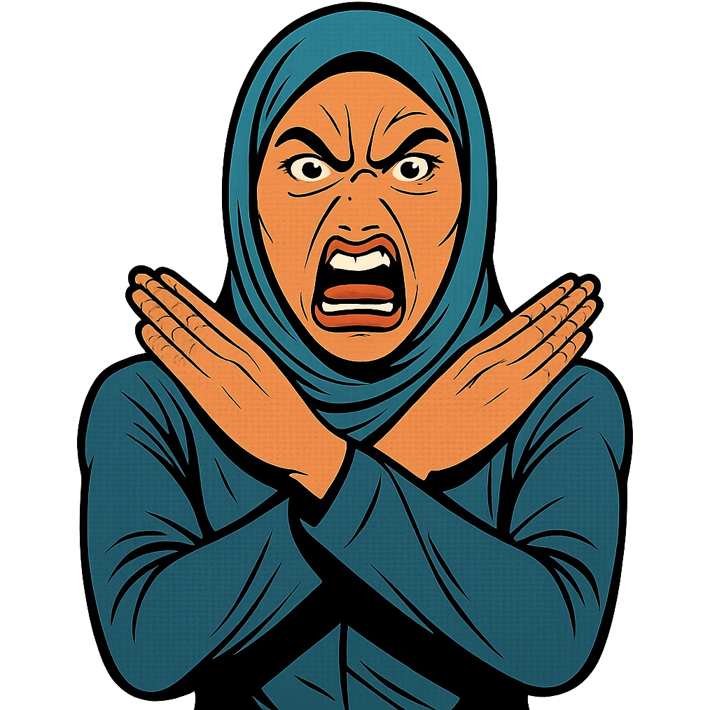 comic book style hijabi woman, exaggerated angry face, hands crossed in an X over her neck emoji