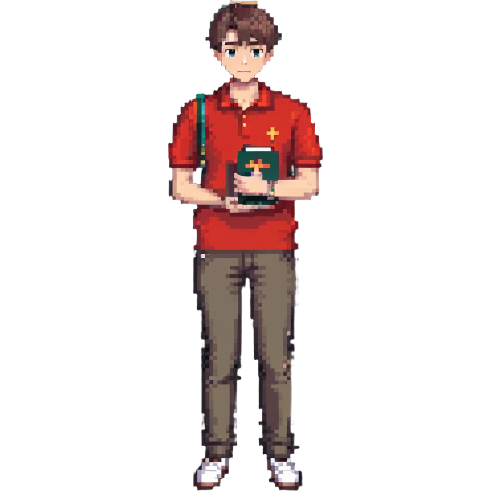man in red polo, cross necklace, short neat hair, holding a book, standing, full body emoji