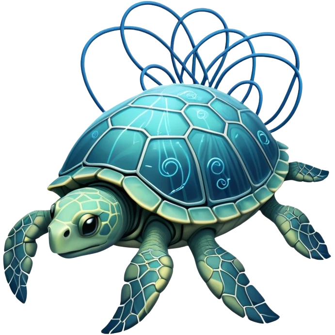 A high-tech turtle made of electric wires and cables with rubber scales that reveal its electric skeleton, possessing both jellyfish-like tendrils and the ability to generate electrical pulses that illuminate the ocean depths. emoji