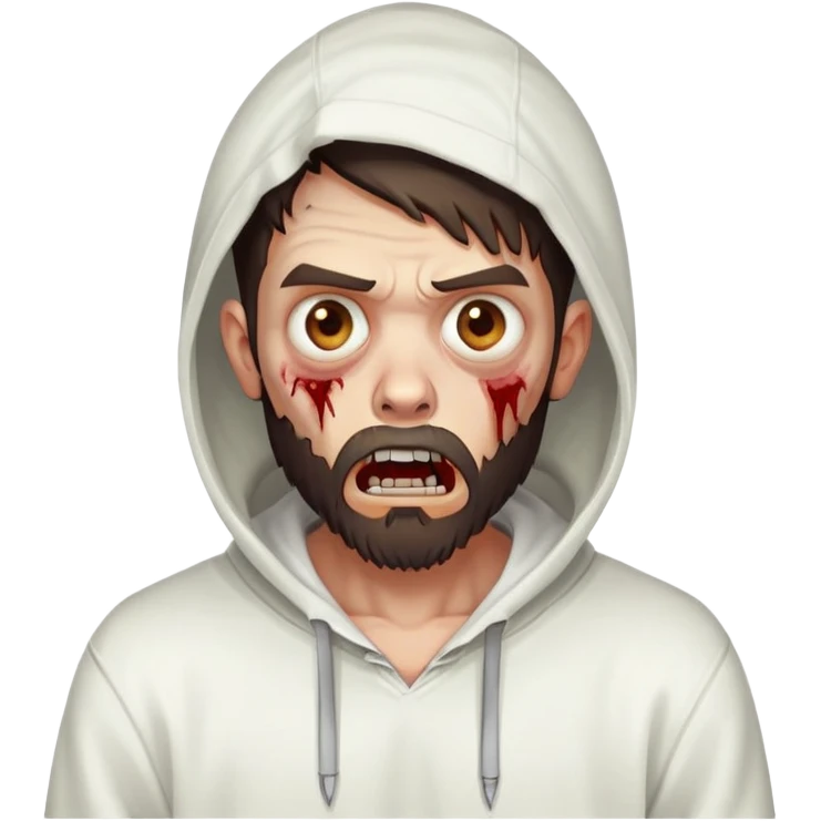 zombie with shocked expression, undercut hairstyle with dark brown hair, short full beard, wearing plain white hoodie emoji
