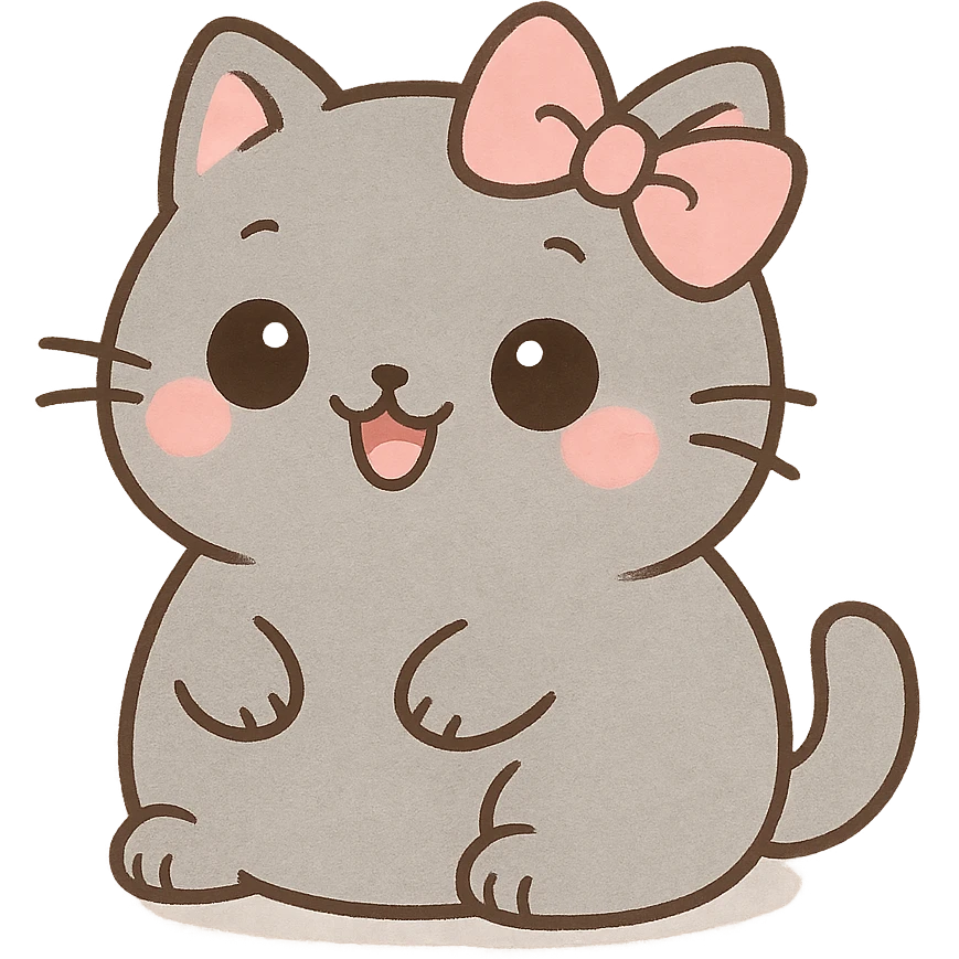 cute chubby cat with a pink bow, soft gray fur, big round eyes, happy face, kawaii style emoji