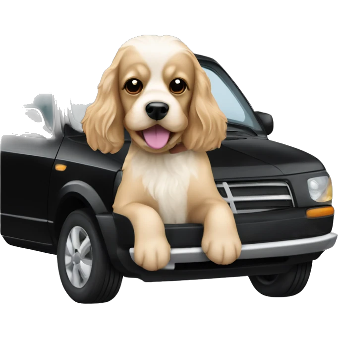 Light Cocker spaniel dog driving a Black Mazda 2 emoji