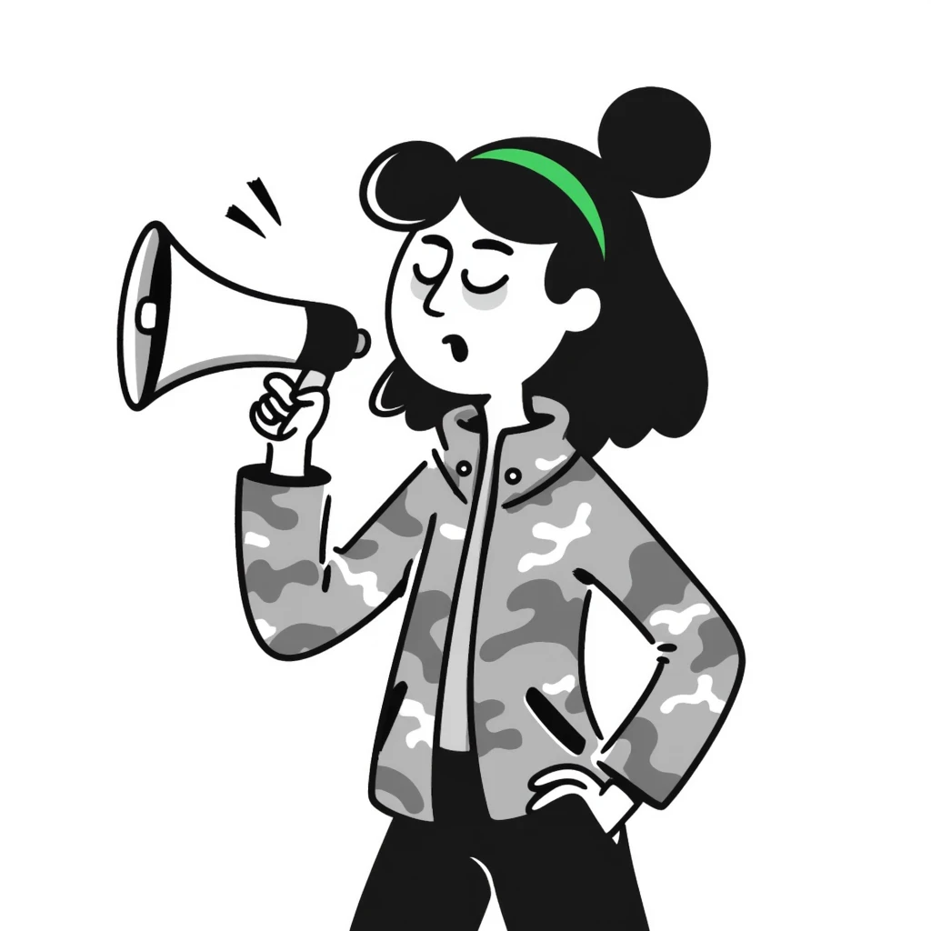 woman with green headband, camo jacket, holding a megaphone, angry expression emoji