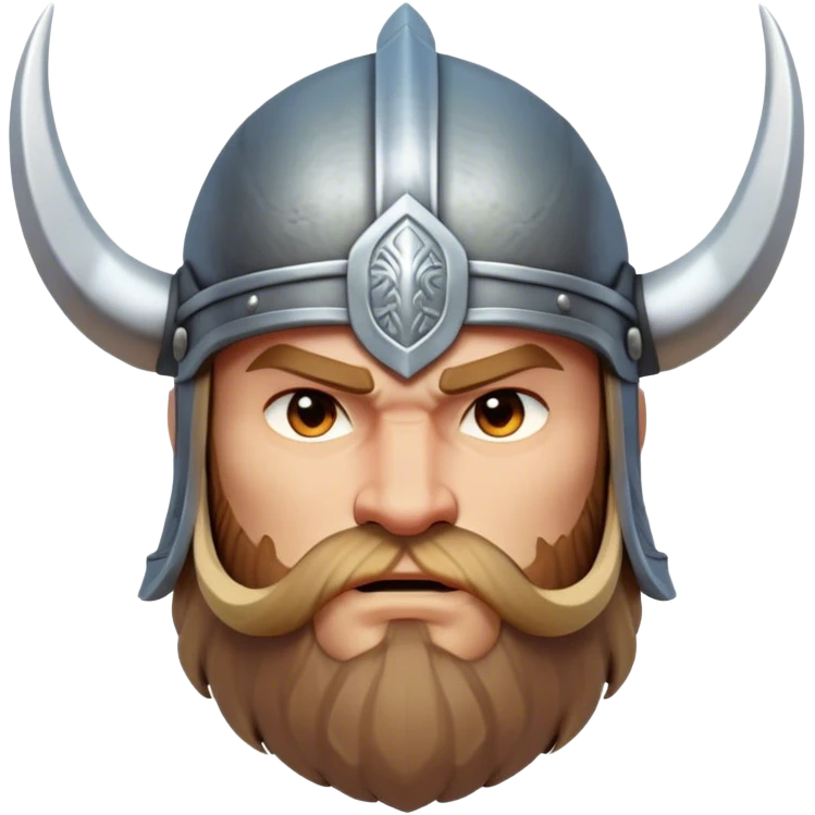 Clash of Clans aesthetic: Cinematic Fierce Viking Portrait Emoji, Poised and bold with a rugged yet stylized build, wearing a simple horned helmet and sporting a neatly trimmed beard, his face rendered in a natural skin tone, intense eyes reflecting fierce determination, Simplified yet dynamic features, highly detailed, glowing with a cool, battle-ready radiance, high shine, brave and resolute, stylized with an air of ancient Nordic valor, focused and commanding, soft glowing outline, capturing the essence of a fearless Viking adventurer ready to set sail on epic quests! emoji
