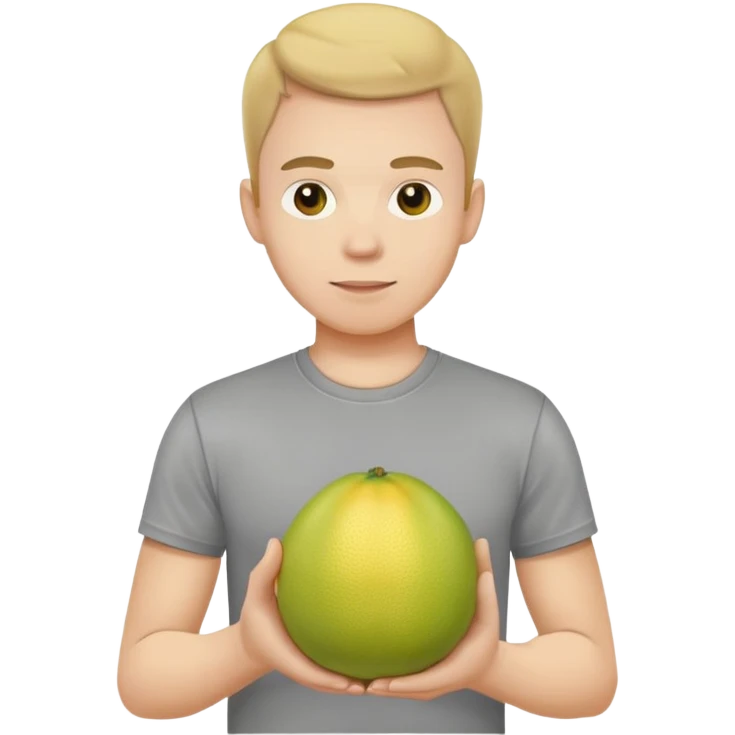 a white man in a gray T-shirt holding a pomelo emoji