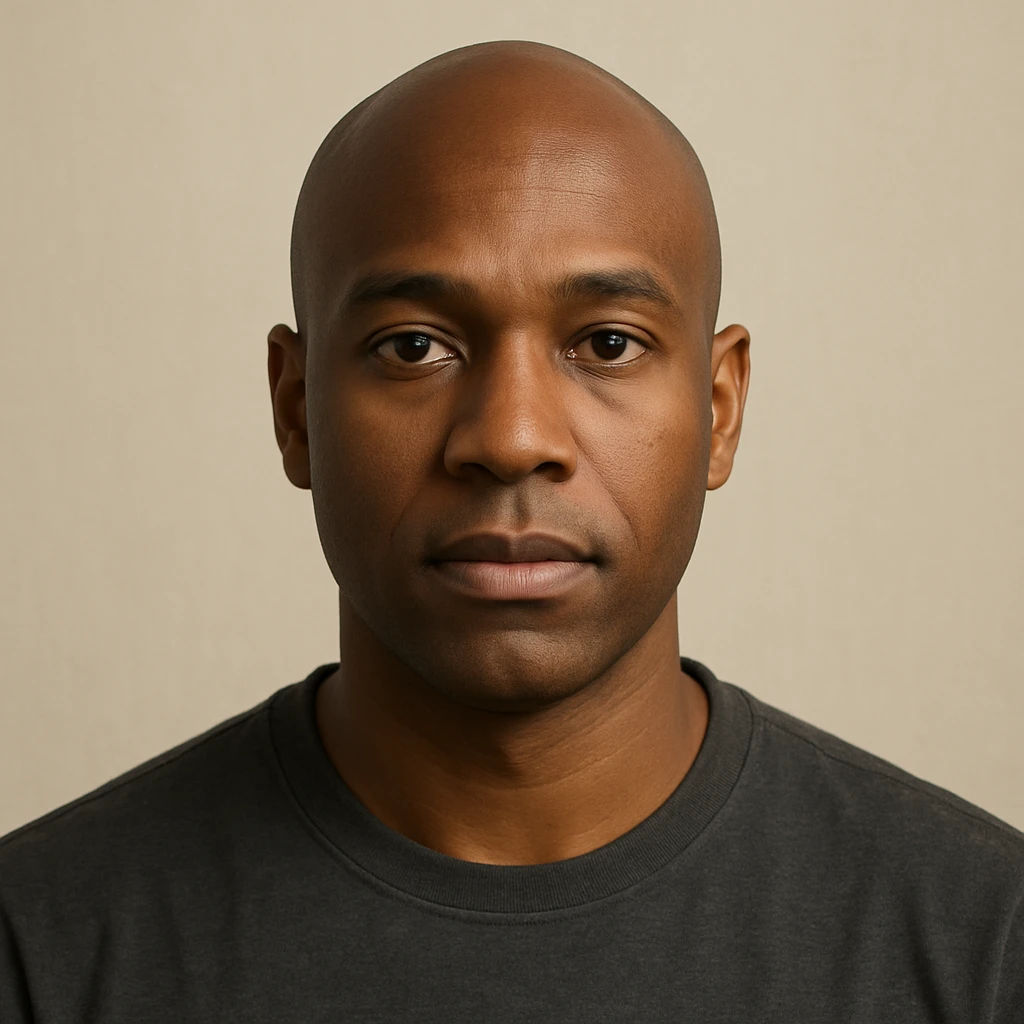 portrait of a bald black man with a neutral expression, simple background emoji