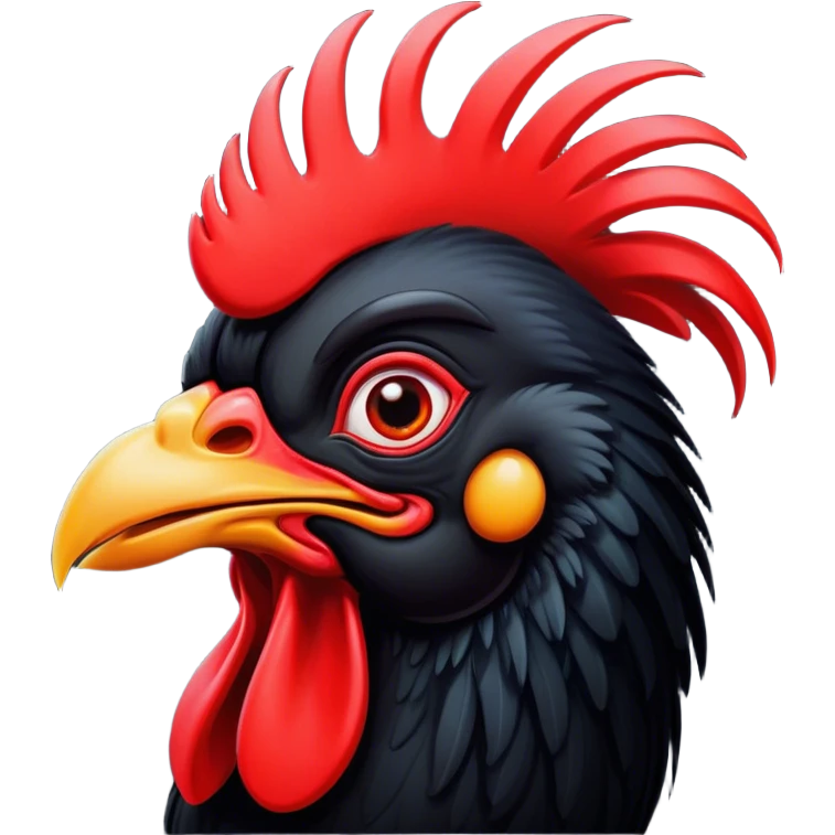 Cinematic Comical Black Rooster Portrait Emoji, Head tilted dramatically with an exaggeratedly shocked or amused expression, featuring a striking pure black plumage with a bold red comb, wide, expressive eyes filled with playful disbelief, Simplified yet hilariously expressive features, highly detailed, glowing with a slightly sassy glow, high shine, dramatic yet playful, stylized with an air of cheeky mischief, bright and endearing, soft glowing outline, capturing the essence of a spirited and over-the-top rooster, so meme-worthy it feels like it could crow its way into internet fame instantly! emoji
